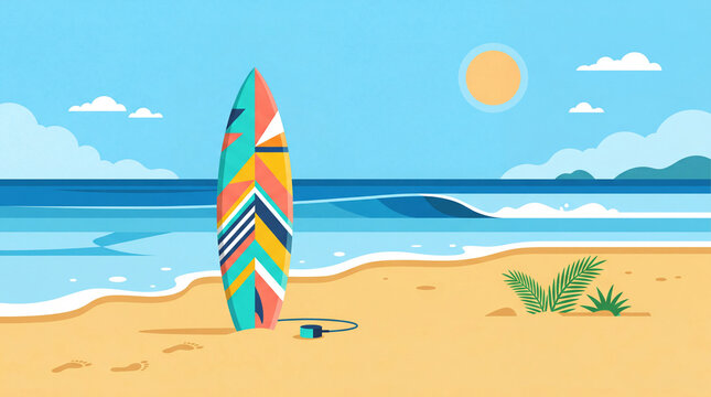 Minimalist Flat Vector Illustration of Surfboard on Beach with Geometric Ocean Waves