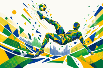 Brazil soccer player performing an aerial bicycle kick in a dynamic geometric poster design. Brazil national football team wallpaper, banner, background.