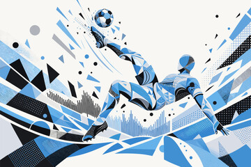 Fototapeta premium Uruguay soccer player performing an aerial bicycle kick in a dynamic geometric poster design. Uruguay national football team wallpaper, banner, background.