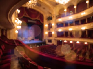Naklejka premium Opera house theater interior blurred bokeh red velvet grand ornate architecture luxury performance stage auditorium hall culture background