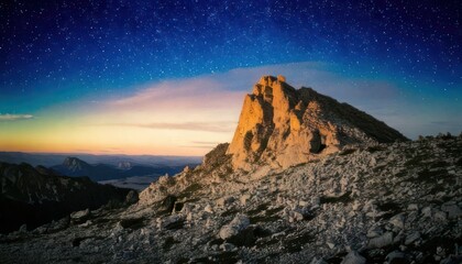 Obraz premium Majestic Mountain Peak Under a Starry Night Sky at Dusk.