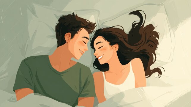 A happy couple in love communicate face-to-face while relaxing in bed.