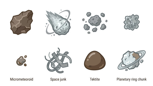 Set of space objects including micrometeoroid, space junk, tektite, and planetary ring chunk, on white background.