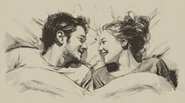 A happy couple in love communicate face-to-face while relaxing in bed.