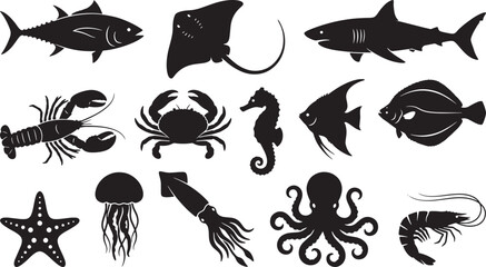 Ocean Marine Life and Seafood Black Silhouette Vector Icon Set © Open Expression