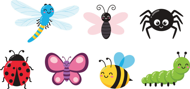 Cute cartoon insect characters vector set with smiling dragonfly butterfly spider ladybug bee and green caterpillar clip art.