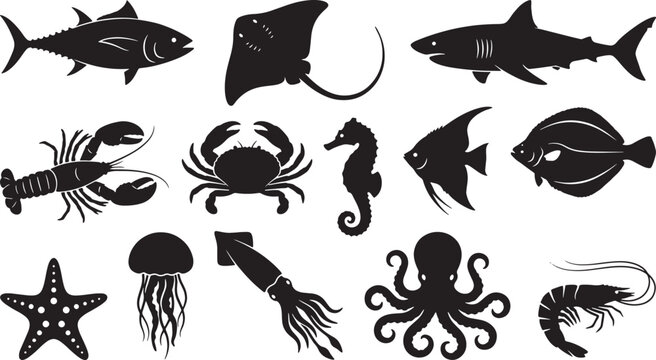 Ocean Marine Life and Seafood Black Silhouette Vector Icon Set