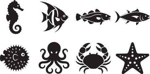 Fototapeta premium Sea Animals and Marine Life Black Silhouette Vector Icon Set