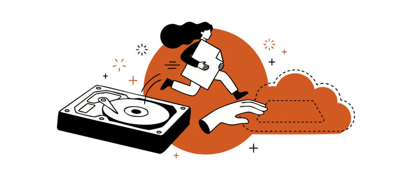 Data backup cloud storage migration with woman running from hard drive to virtual cloud. Flat vector illustration of file transfer, digital transformation, information security, and network database.