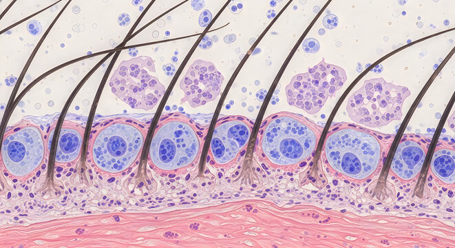 Microscopic view of hair follicles, cells, and skin tissue, detailed medical illustration, educational vector art