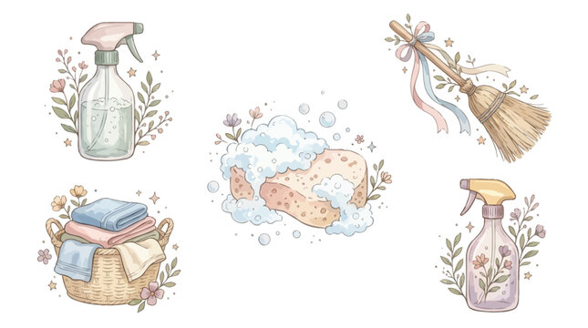 Charming watercolor illustrations of cleaning supplies and laundry, evoking a sense of gentle domesticity and freshness.