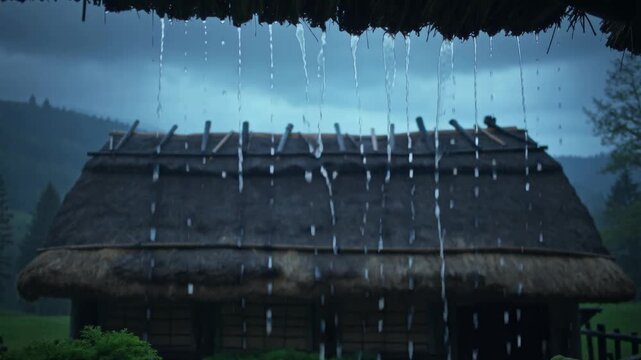 Heavy rain falling from a thatched roof of a rural house in nature