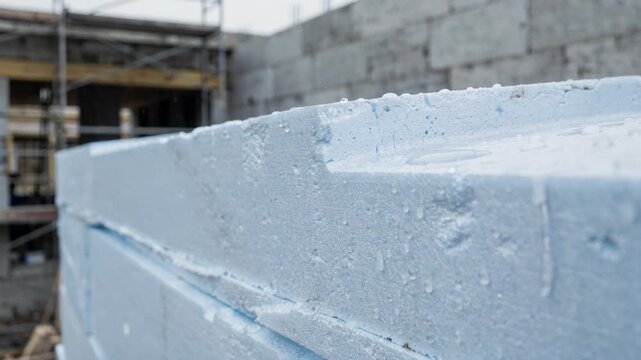 Medium shot capturing filmfaced foam insulation panels with smooth protective layer emphasizing water repellency and weather durability in outdoor construction setting.