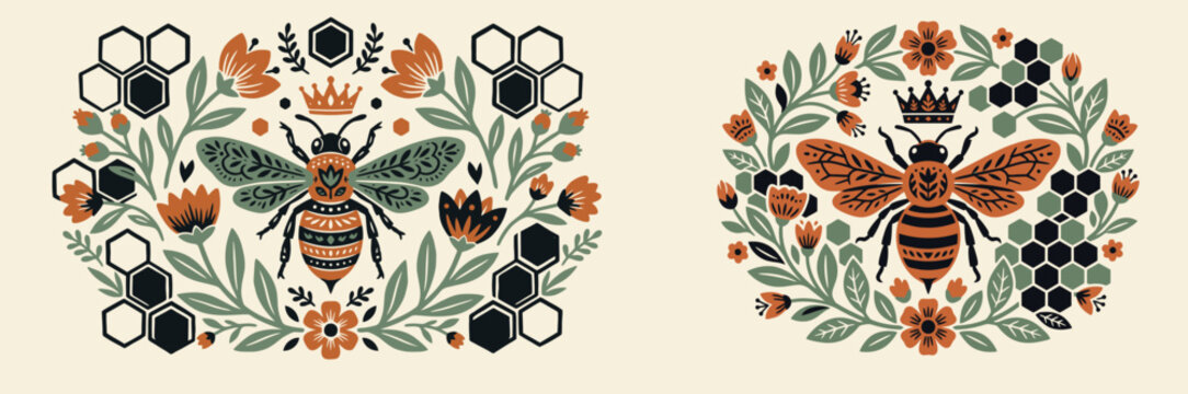 Set of elemental folk art illustrations featuring a crowned queen bee surrounded by floral botanicals and honeycomb in a rustic linocut block print style.