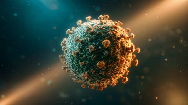 Microscopic HANTAVIRUS particle suspended in a cold blue atmosphere representing a scientific or medical concept