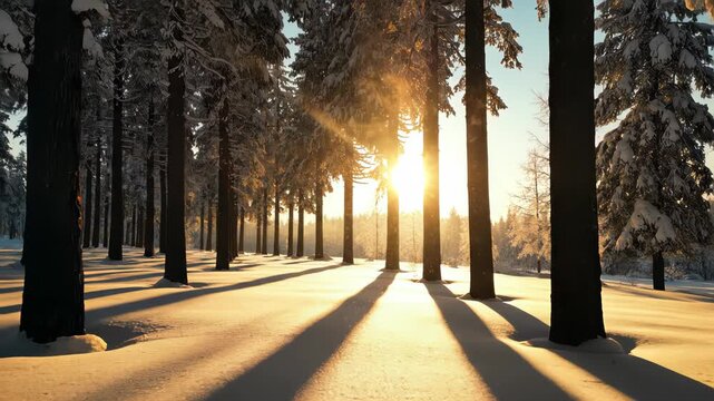 Sunlight through snowy pine trees, casting long shadows on winter ground