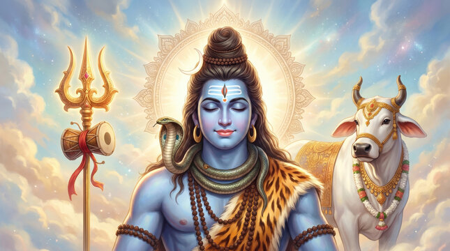 Sacred Lord Shiva portrait with radiant divine aura, trident symbolism, holy bull Nandi companion, celestial clouds and serene spiritual presence representing devotion, faith, meditation theme