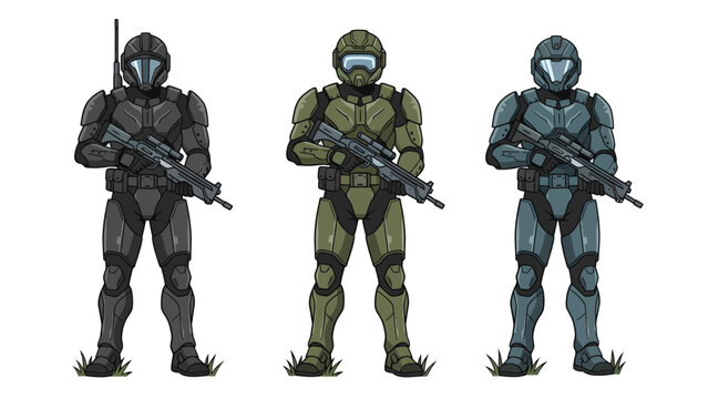 Three futuristic soldiers in advanced combat armor holding rifles, standing against a white background.