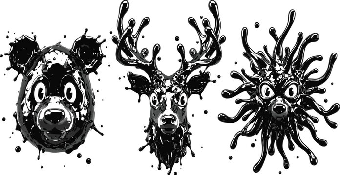 Abstract animal heads set with panda deer and hedgehog formed by glossy black liquid paint splashes isolated on white background