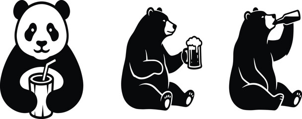 Cute giant panda and grizzly bear silhouettes set drinking from glass mug bottle and straw isolated on white background © Mdjoshel 