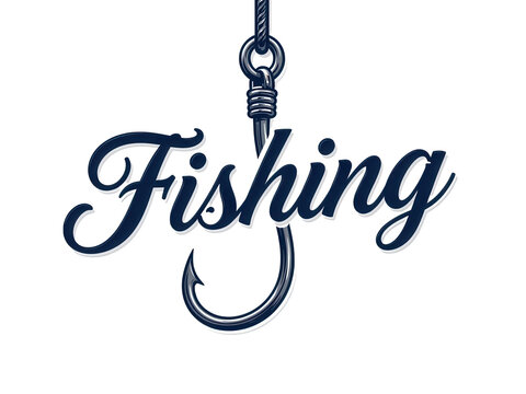 Fishing Hook Holding Word Fishing in Cursive Script