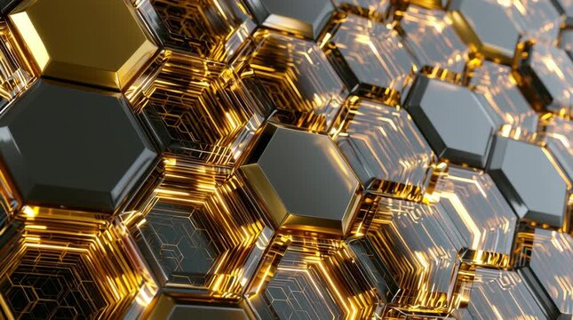 Glossy gold and charcoal hexagonal pattern with internal light trails