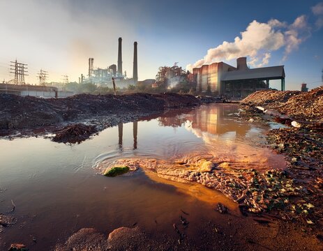 industrial waste polluting a muddy water body near a factory in soft lighting