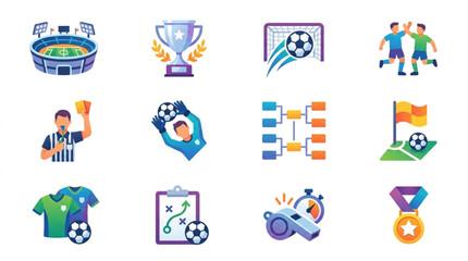 Fototapeta premium Soccer Football Icons Set Stadium Trophy Goal Players Coach Tactics.