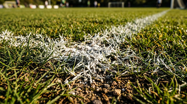 Macro of white chalk line on green grass soccer field at ground level