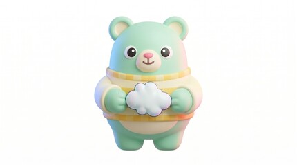 Fototapeta premium A charming 3D illustration of a mint-green bear wearing a yellow striped sweater, holding a fluffy cloud against a clean white background.