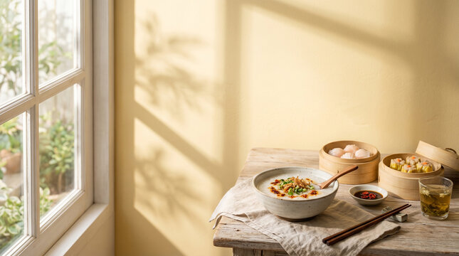 Asian rice porridge congee with dim sum breakfast on rustic wooden table by window