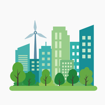 Eco Friendly Smart City. Green Sustainable City Flat Illustration with Wind Turbine and Urban Nature for Renewable Energy Environment Campaign Design