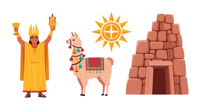 Ancient Inca Civilization Elements - Priest, Llama, Sun, and Temple.