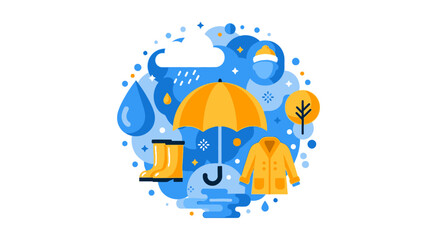 Fototapeta premium Flat Design Rainy Weather Concept Illustration with Yellow Umbrella, Rain Boots, and Raincoat Icons on White Background