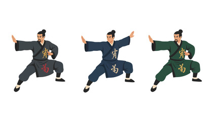 Fototapeta premium Three men in traditional Chinese martial arts uniforms performing a dynamic stance, showcasing different colors and cultural heritage.