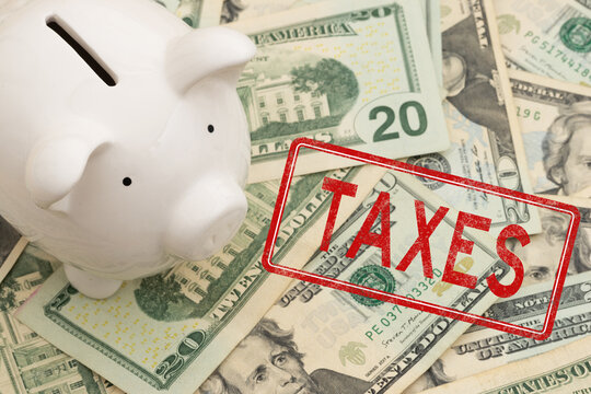 Taxes rubber stamp text with a piggy bank on twenty dollar bills for federal taxation