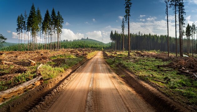 extensive deforestation and habitat loss scar the forest landscape with a central dirt road cutting through
