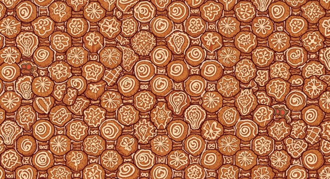 Abstract pattern of assorted gingerbread cookies with white icing decoration, close-up, full frame