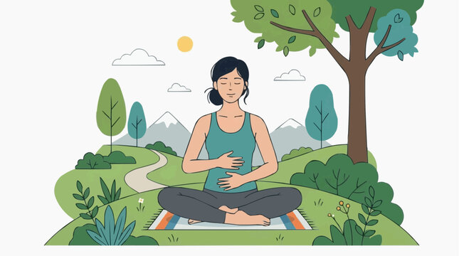 Woman Doing Deep Breathing Exercises Outdoors Flat Illustration, Mindfulness Wellness Lifestyle Vector