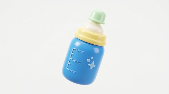 A 3D rendered blue baby bottle with a green cap and volume markings, floating against a clean white background. Cute and stylized design.