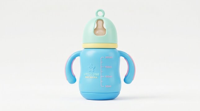 A colorful blue baby bottle with green cap and side handles, featuring measurement markings up to 200ml on a plain white background.