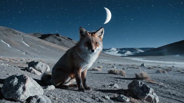 A lone fox sits on a rocky plateau under a crescent moon and starry night sky