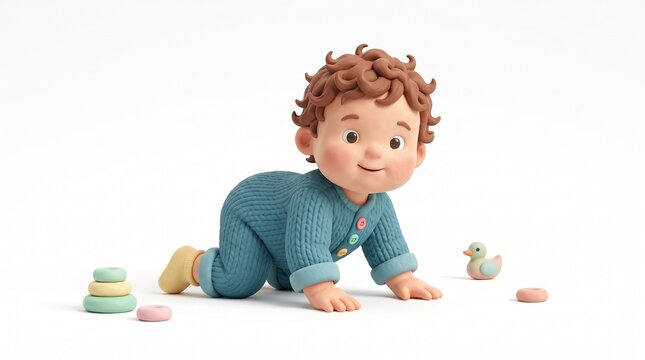 A charming 3D claymation-style baby with curly hair crawling on a white background, surrounded by simple clay toys like a duck and stacking rings.
