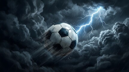 Fototapeta premium Dramatic football world cup 2026 concept soccer ball amidst storm and lightning