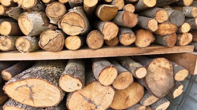 Wooden logs stored on outdoor shelves, 4k 