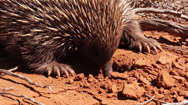 A long-snouted echidna with sharp claws digs for insects in the dry, reddish soil of the Australian outback.