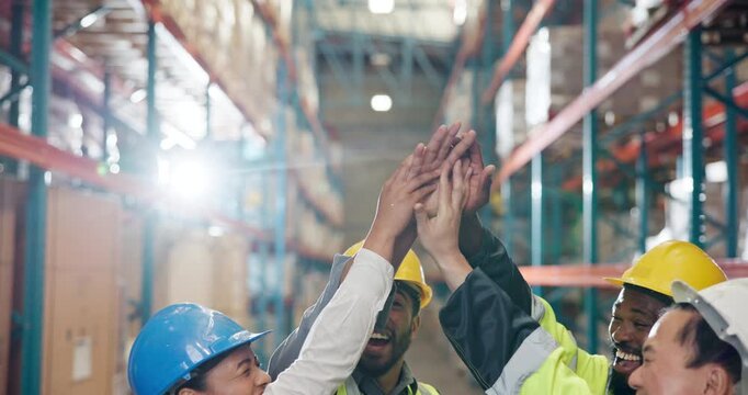 Logistics, high five and team in storage warehouse, collaboration and complete task for celebration. Success, workers and happy people in factory for inspection, export check and inventory management