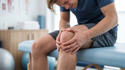 Fototapeta premium Woman holding her knee in pain on a massage table
