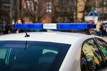 Serbian Police Car Light Bar Close Up with Policija Sign © qunamax