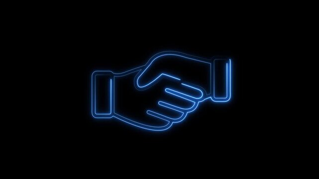 Glowing blue neon handshake animation on black background, Minimalist business concept motion graphic